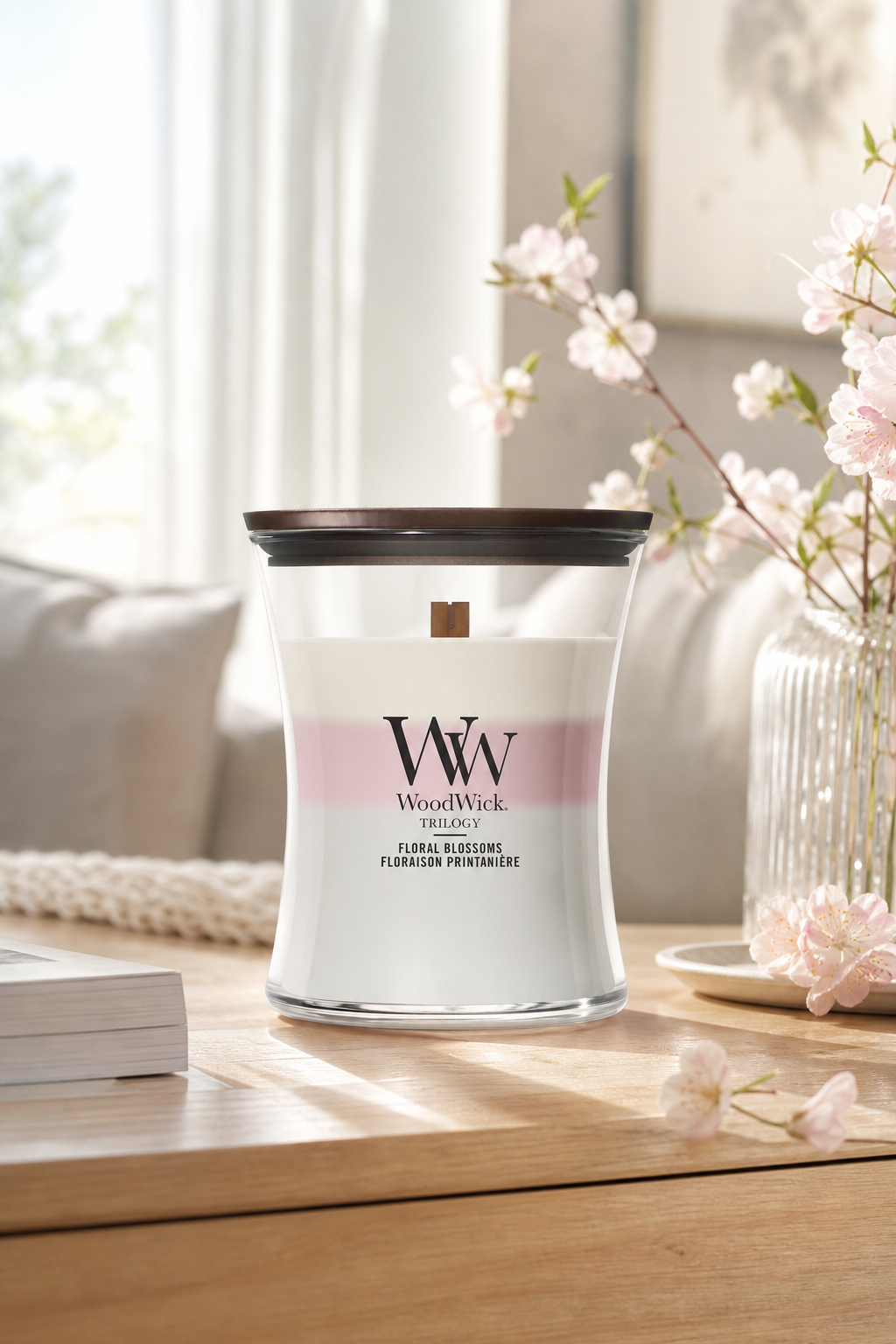 WoodWick Floral Blossoms Kerze auf einem Tisch neben Kirschblüten