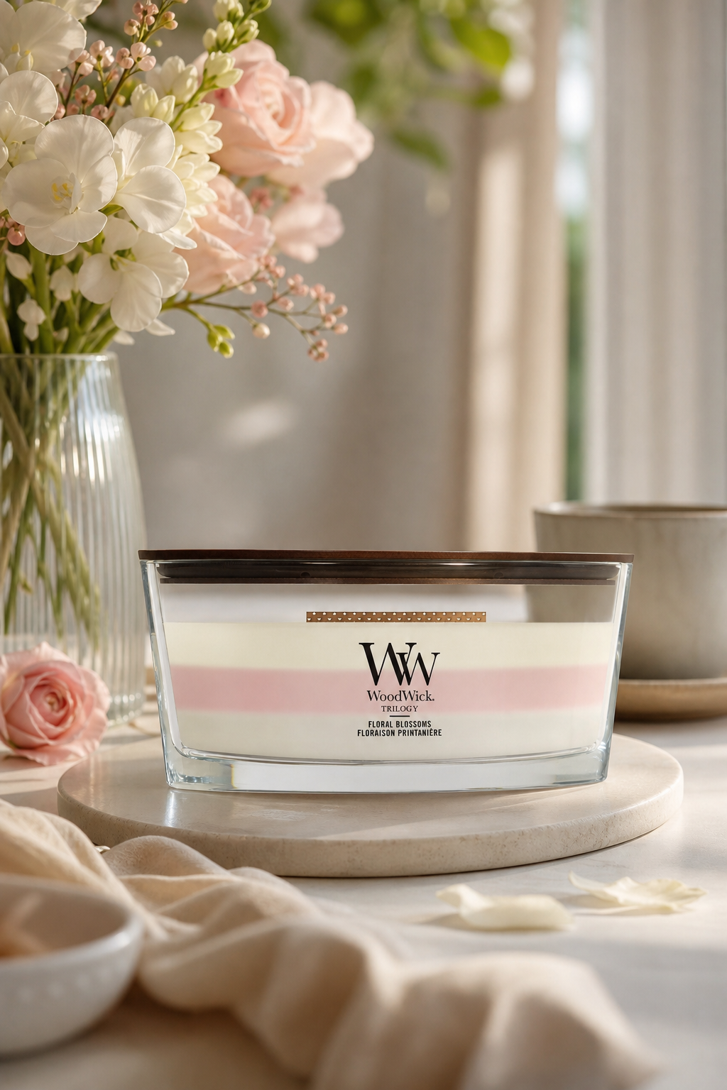WoodWick Floral Blossoms Kerze im Glas auf einer runden Ablage