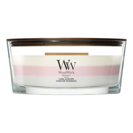 WoodWick Floral Blossoms Trilogy Kerze frontal im transparenten Glas