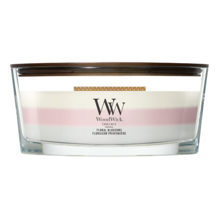 WoodWick Floral Blossoms Trilogy Kerze frontal im transparenten Glas
