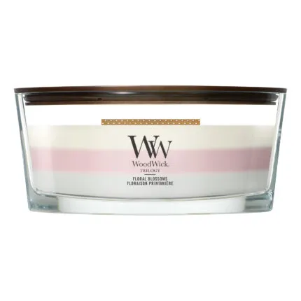 WoodWick Floral Blossoms Trilogy Kerze frontal im transparenten Glas