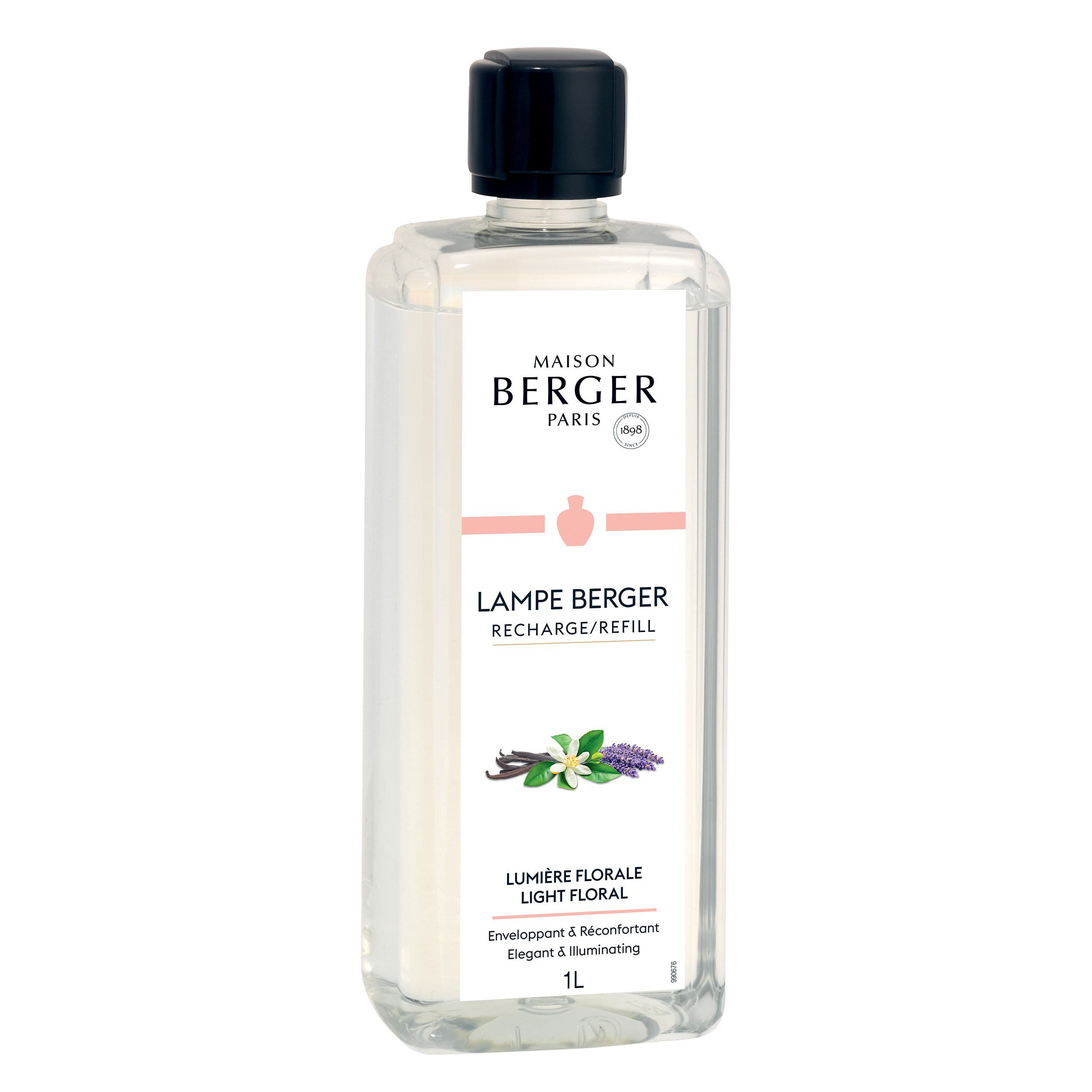 Lumière Florale Nachfüllflasche Maison Berger Nachfüllflasche Lumière Florale mit schwarzem Verschluss auf weißem Hintergrund