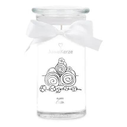 Fluffy Cotton Kerze im Glas mit Schleife und floralem Etikett