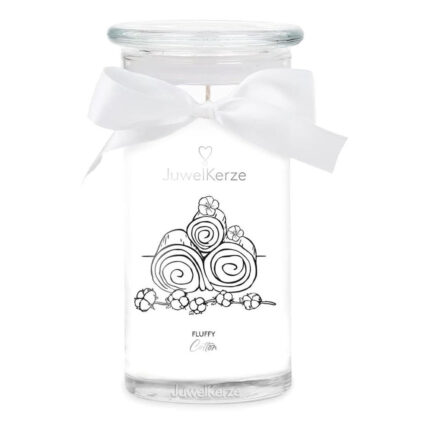 JuwelKerze Fluffy Cotton Kerze im Glas mit weißer Schleife