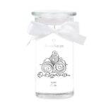 Fluffy Cotton Kerze im Glas mit Schleife und floralem Etikett