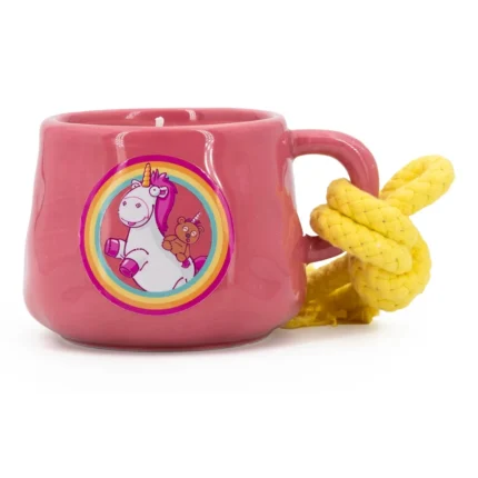 Pinke Duftkerze in Tasse mit gelber Kordel und Einhornmotiv