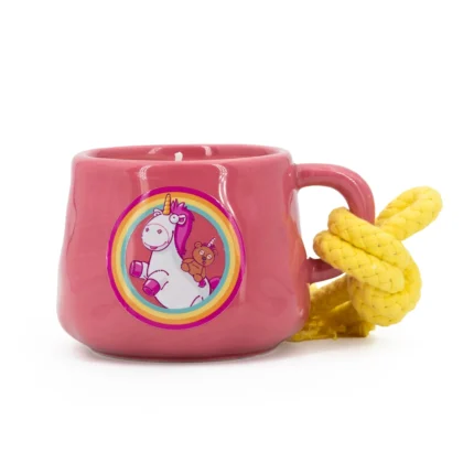 Pinke Kerzentasse mit gelber Kordel und rundem Einhornmotiv