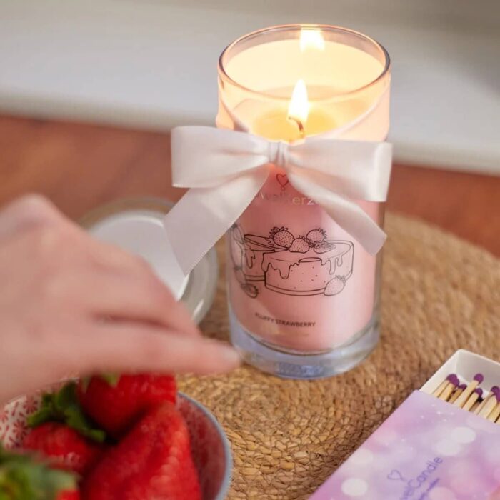 Brennende rosa Kerze mit Erdbeer-Cheesecake-Motiv und weißer Schleife