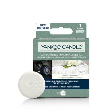 Verpackung des Yankee Candle Auto-Duftnachfüllpacks Fluffy Towels mit rundem Duftspender