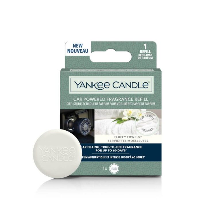Verpackung des Yankee Candle Auto-Duftnachfüllpacks Fluffy Towels mit rundem Duftspender