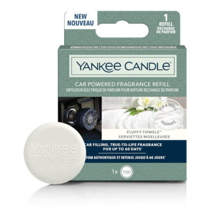 Yankee Candle Auto-Duftnachfüllpack Fluffy Towels mit rundem Duftspender vor Verpackung