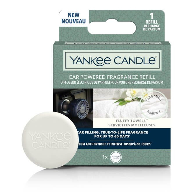 Yankee Candle Auto-Duftnachfüllpack Yankee Candle Auto-Duftnachfüllpack Fluffy Towels mit rundem Duftspender vor Verpackung