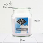 Fresh Cotton Duftkerze mit Angaben zu 100 Stunden Brenndauer, 14,5 Zentimetern Höhe und 10 Zentimetern Durchmesser