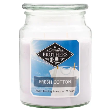 Candle Brothers Fresh Cotton Duftkerze im Glas mit Etikett und zwei Dochten