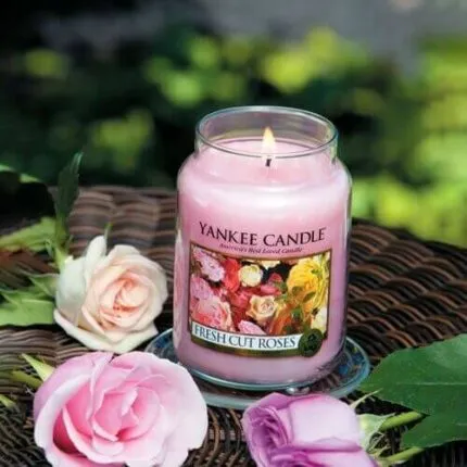 Brennende Yankee Candle Fresh Cut Roses Kerze im Glas zwischen Rosen