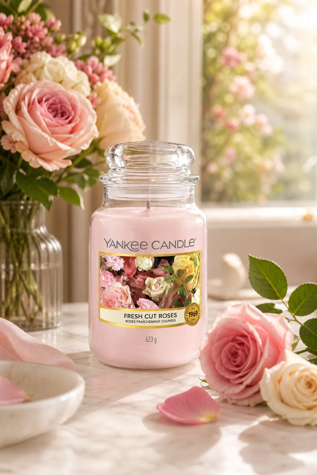 Yankee Candle Fresh Cut Roses Kerze neben Rosen und Fenstertür