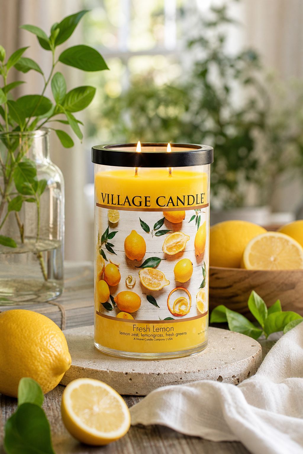 Brennende Fresh-Lemon-Kerze mit zwei Flammen auf einem Tisch neben Zitronen
