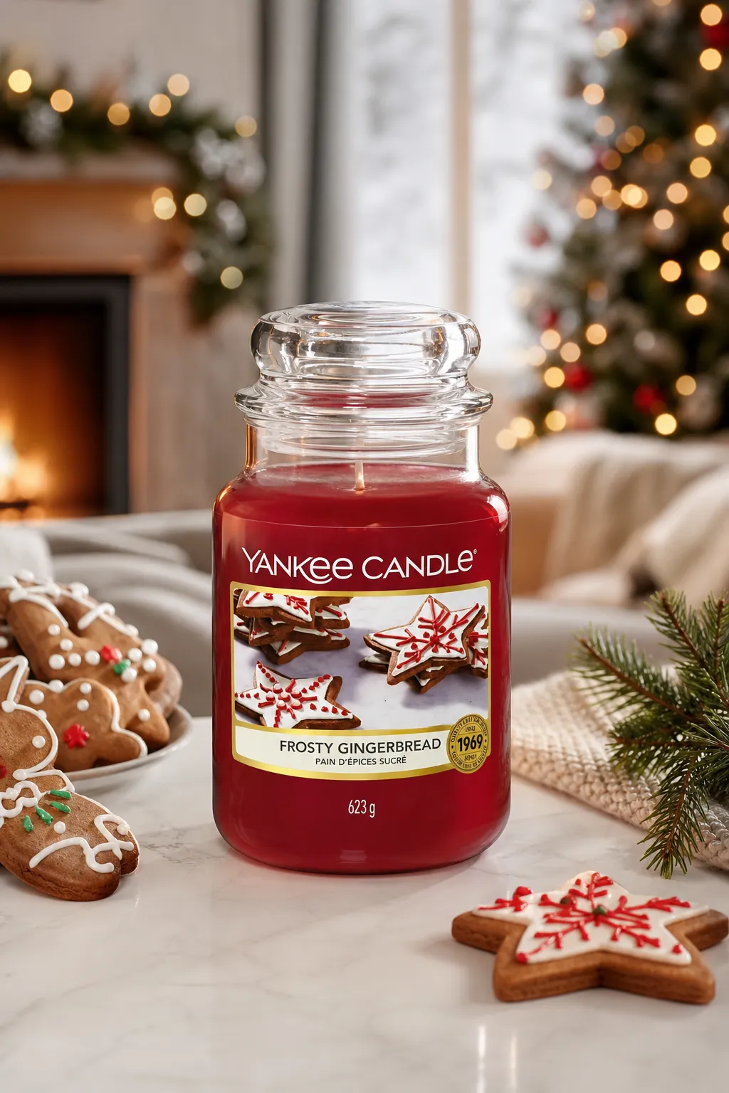 Rote Frosty Gingerbread Kerze zwischen Lebkuchen und Weihnachtsdekoration