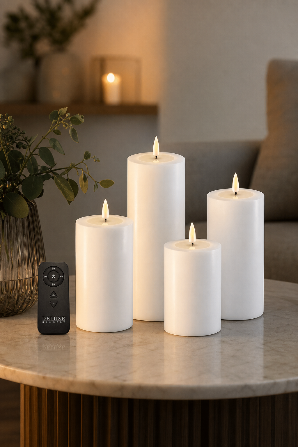 Giftbox Stumpenkerzen LED weiß in einer stimmungsvollen Anwendungsszene