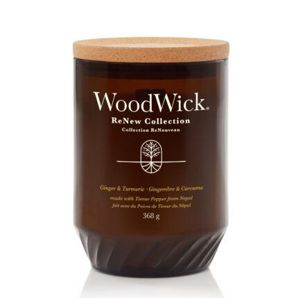 WoodWick Ginger & Turmeric Kerze mit Korkdeckel und Etikett