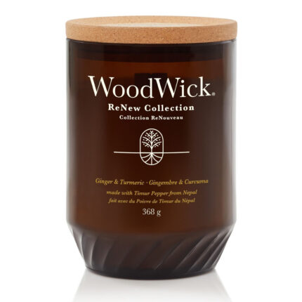 WoodWick Ginger & Turmeric Kerze im dunklen Glas mit Korkdeckel