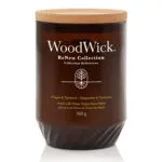 WoodWick Ginger & Turmeric Kerze mit Korkdeckel und Etikett