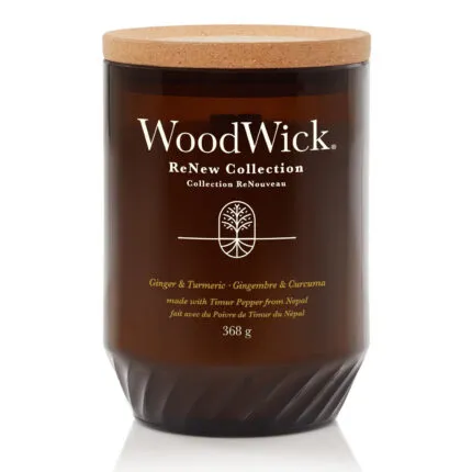 WoodWick Ginger & Turmeric Kerze mit Korkdeckel und Etikett