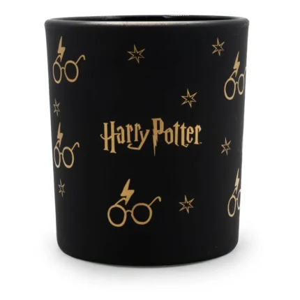 Schwarzes Harry-Potter-Kerzenglas mit goldenem Brillen- und Sternmuster