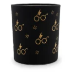 Schwarzes Kerzenglas mit goldenem Harry-Potter-Brillenmuster und Sternen