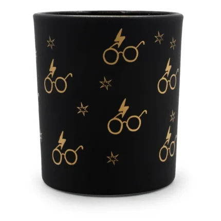 Schwarzes Kerzenglas mit goldenem Harry-Potter-Brillenmuster und Sternen