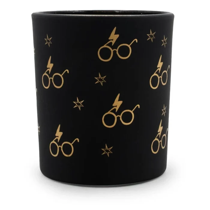 Schwarzes Kerzenglas mit goldenem Harry-Potter-Brillenmuster und Sternen