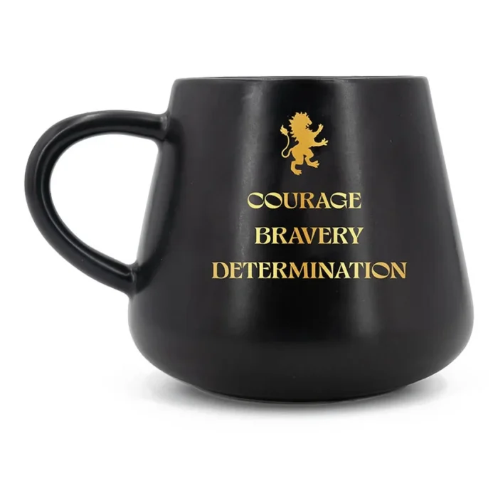 Schwarzer Kerzenbecher von hinten mit goldenem Löwenmotiv und Schriftzug