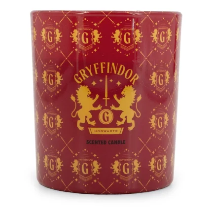 Rote Gryffindor-Kerze mit goldenem Wappen und wiederholtem Gryffindor-Muster