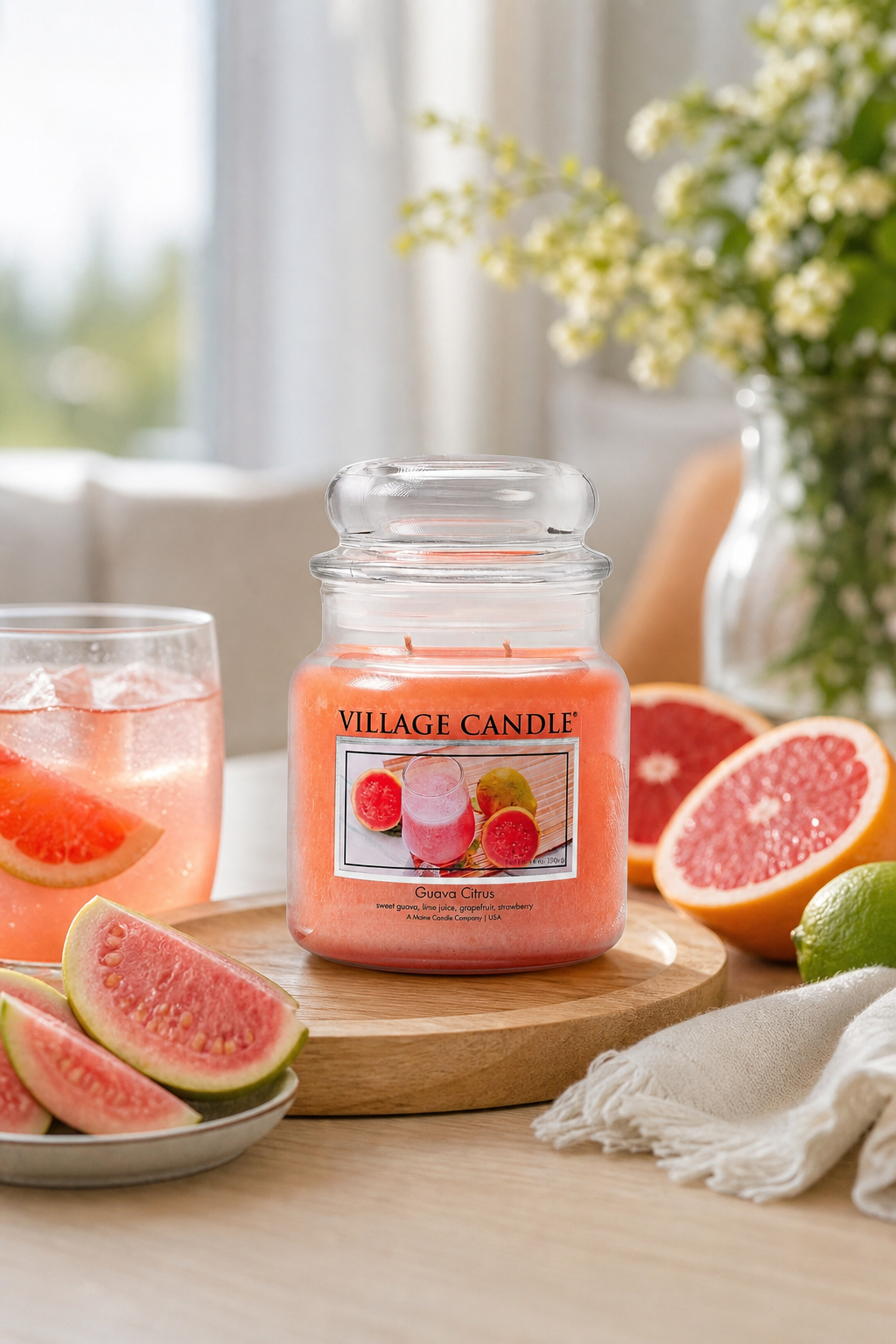 Village Candle Guava Citrus Kerze auf Holzbrett neben geschnittenen Zitrusfrüchten