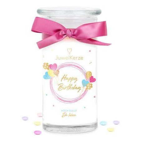 Happy Birthday Kerze mit Schleife Happy-Birthday-Kerze im Glas mit pinker Schleife und Ballonaufdruck