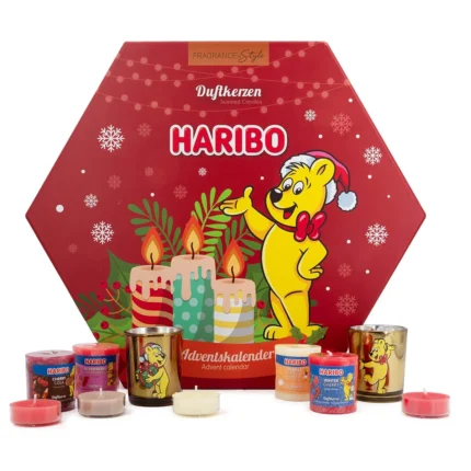 Roter Haribo Adventskalender mit Duftkerzen und verschiedenen Teelichtern