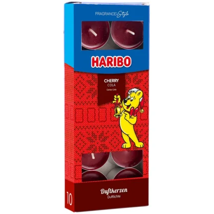 Haribo Cherry Cola Duftkerzen in roter Verpackung mit zehn Teelichtern