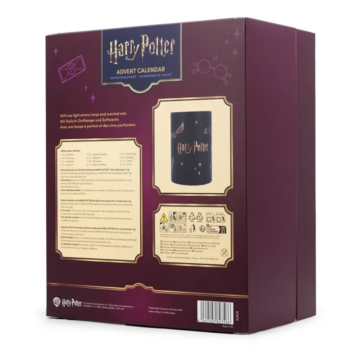 Rückansicht des Harry Potter Adventskalenders mit Duftlampen-Abbildung und Hinweisen