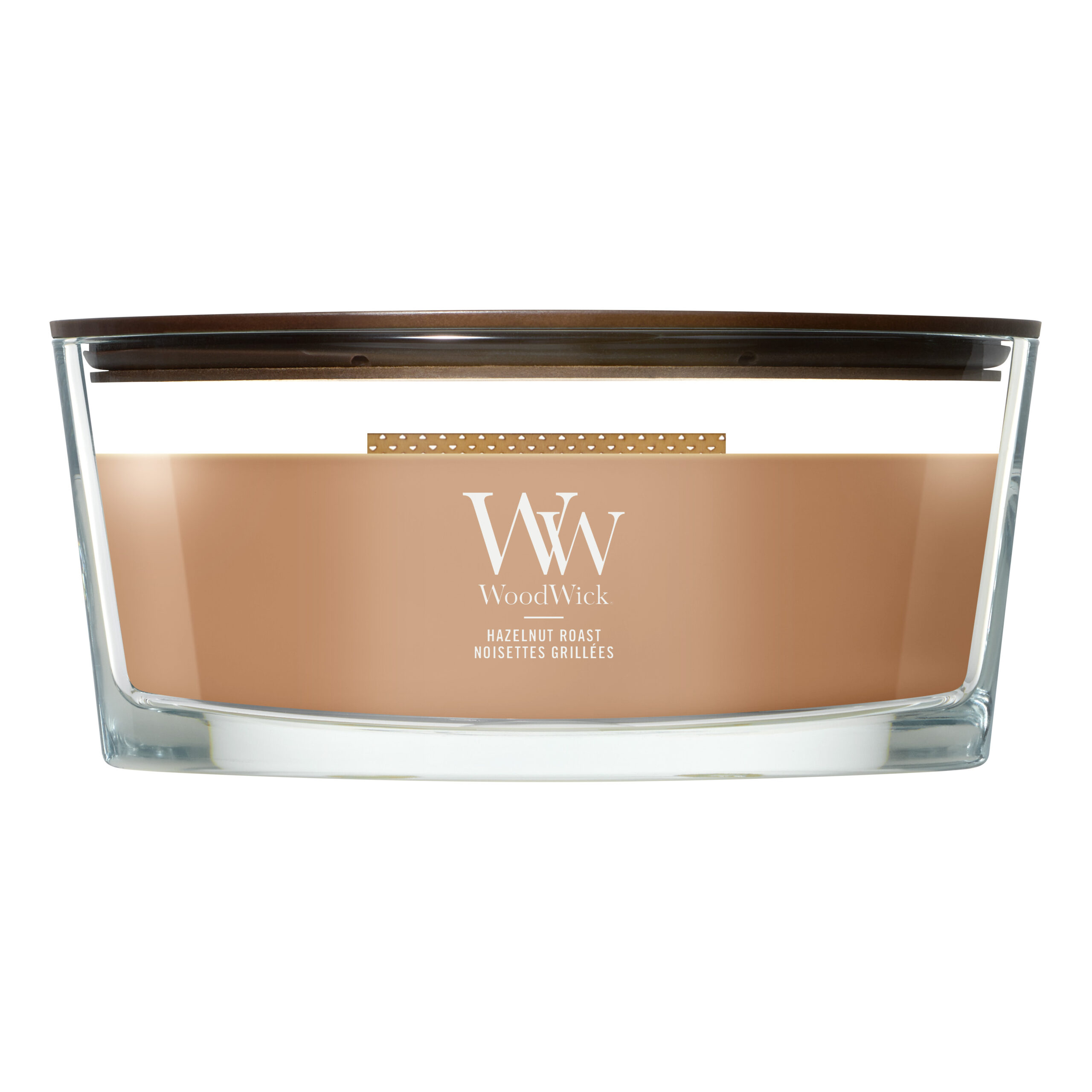 WoodWick Kerze frontal Frontalansicht der WoodWick Hazelnut Roast Kerze im Glas
