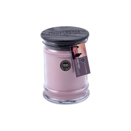 Rosa Hello-Night-Kerze im Glas mit schwarzem Deckel