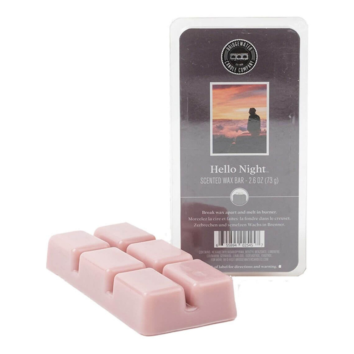 Hello Night Duftwachsr aufen Hello Night Wax Bar mit mehreren sichtbaren Wachsstücken und Verpackung