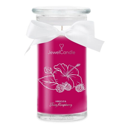 JewelCandle-Kerze im Glas mit weißer Schleife und Hibiskus-Himbeer-Etikett