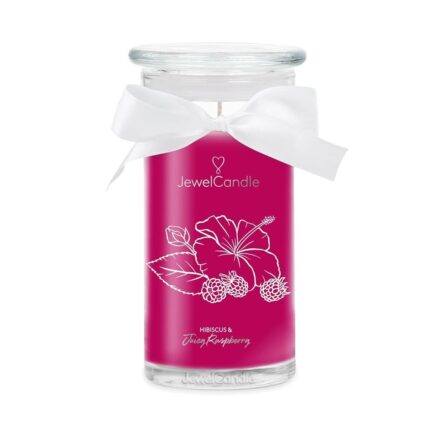 Kerze im Glas mit weißer Schleife und Hibiskus- sowie Himbeerillustration