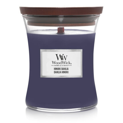WoodWick Hinoki Dahlia Kerze mit sichtbarem Docht und Holzdeckel
