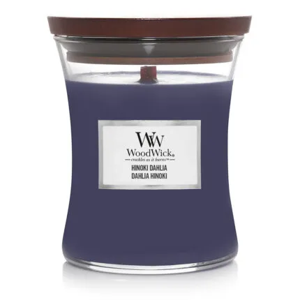 WoodWick Hinoki Dahlia Kerze mit sichtbarem Docht und Holzdeckel