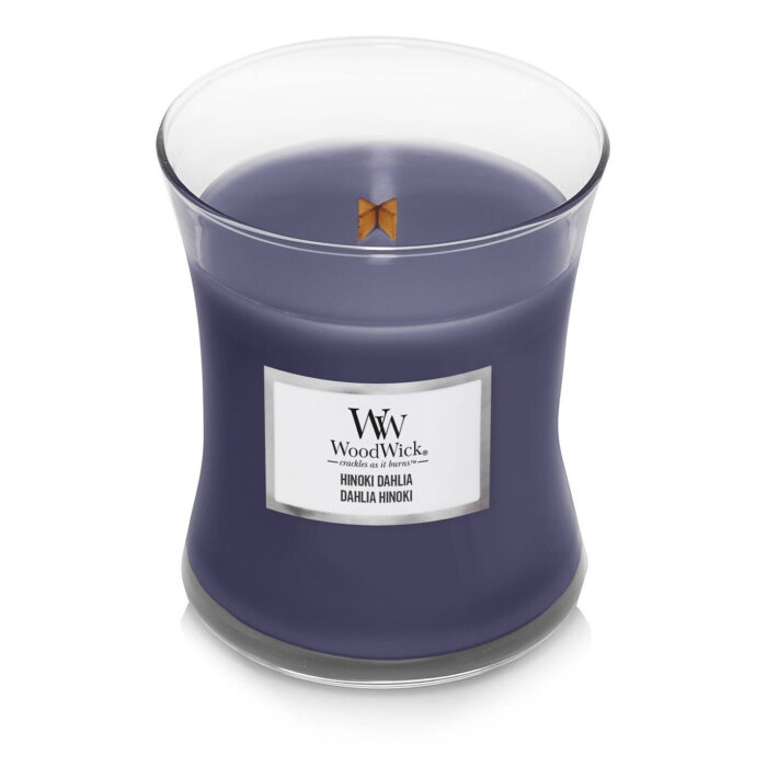 WoodWick Hinoki Dahlia Kerze geöffnet in dunklem Glas