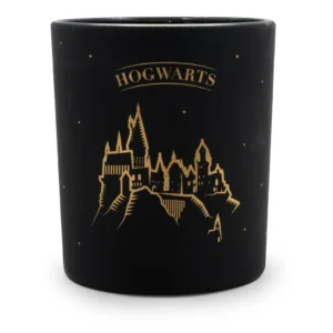 Schwarze Kerze mit goldenem Hogwarts-Schloss und Sternenmotiv
