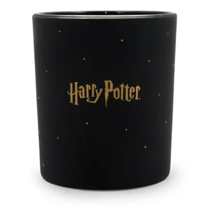 Schwarze Kerzenrückseite mit goldenem Harry-Potter-Schriftzug und Sternen