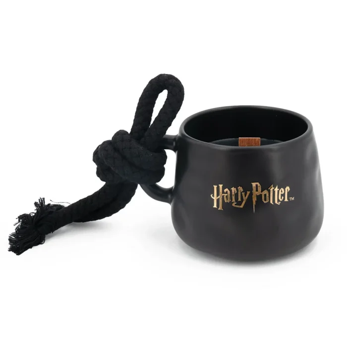 Schwarze Harry-Potter-Tassenkerze mit sichtbarem Holzdocht und Seilgriff