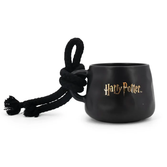 Schwarze Tassenkerze mit Harry-Potter-Schriftzug und geflochtenem Seilgriff